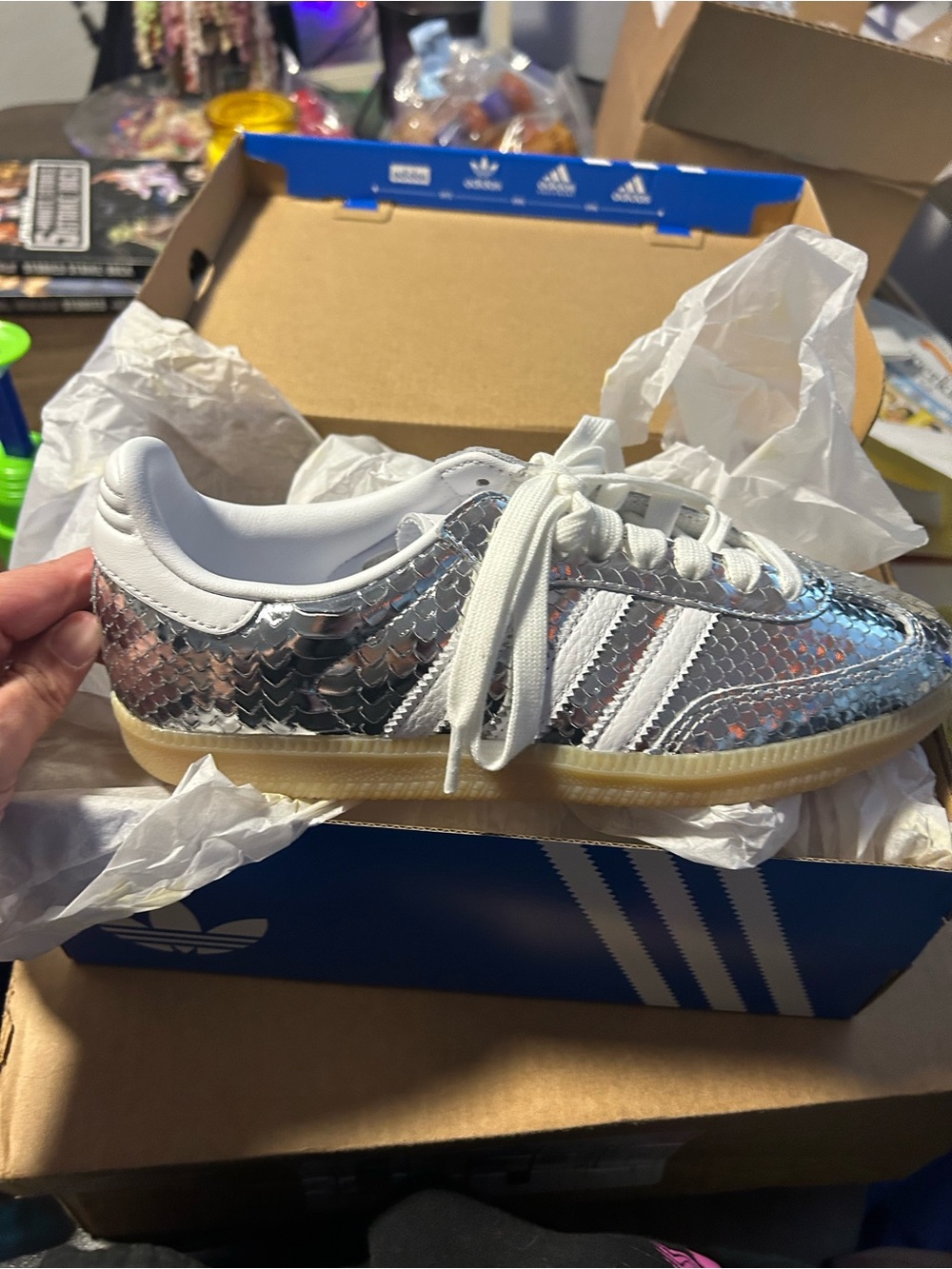 adidas Women’s Metallic Silver White-Striped Sneakers - Picture 1 of 5